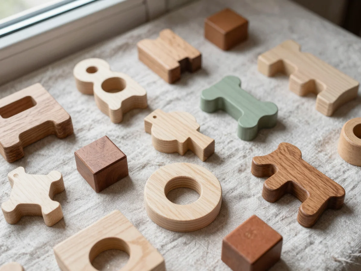 Overhead view of an assortment of unpainted wooden toys on a line