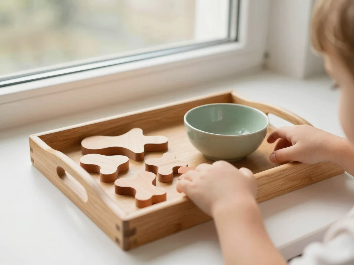 Overhead setup of a low wooden tray with loose beech shapes and a