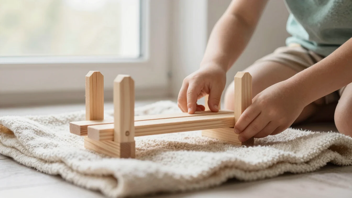Child building a simple wooden bridge from unpainted beech planks