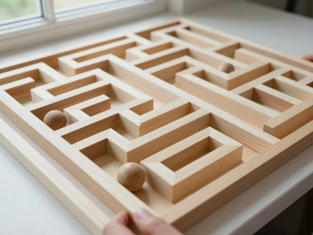 Close overhead photograph of a wooden labyrinth maze board with a small wooden marble partly through the path, hands at