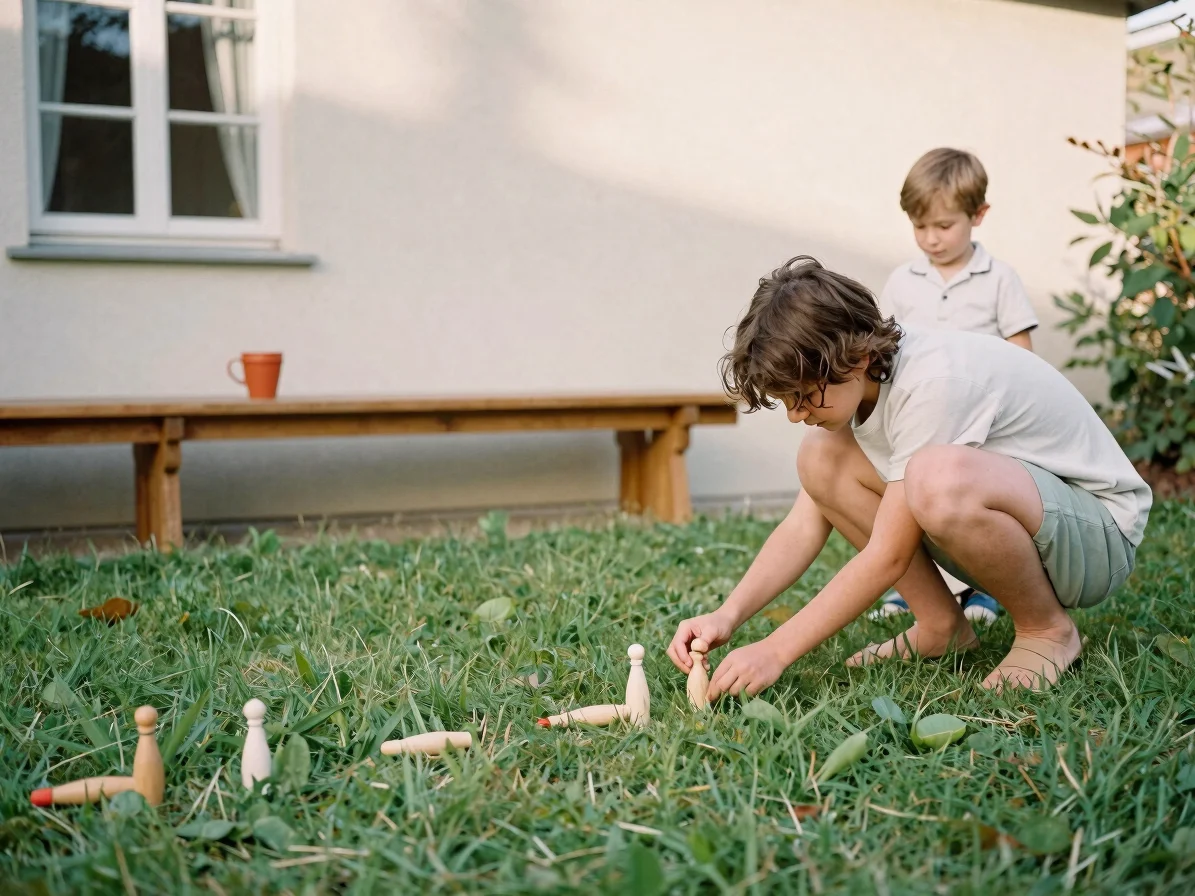 Candid wide photograph of a family setting up wooden skittles on a garden lawn in late afternoon light, a terracotta mug