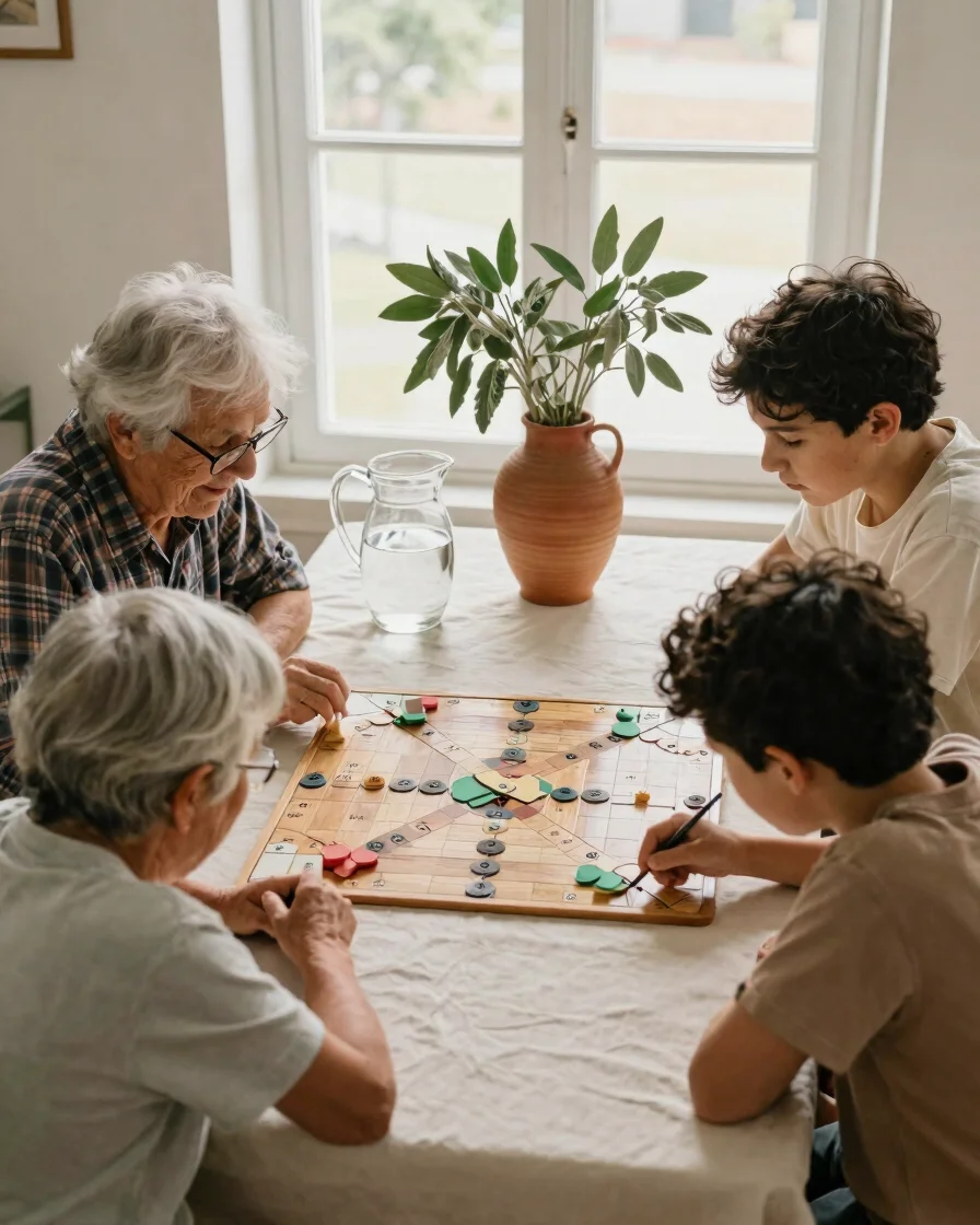 Warm overhead photograph of a family of three generations gathered around a wooden board game on a cream tablecloth, a j