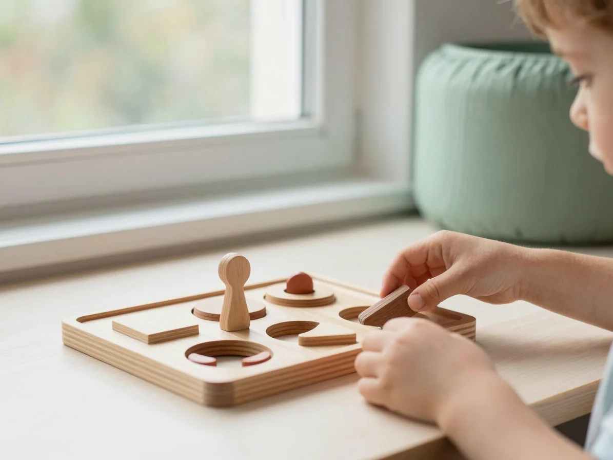 Hands arranging wooden shape sorters on a table near a window, ch