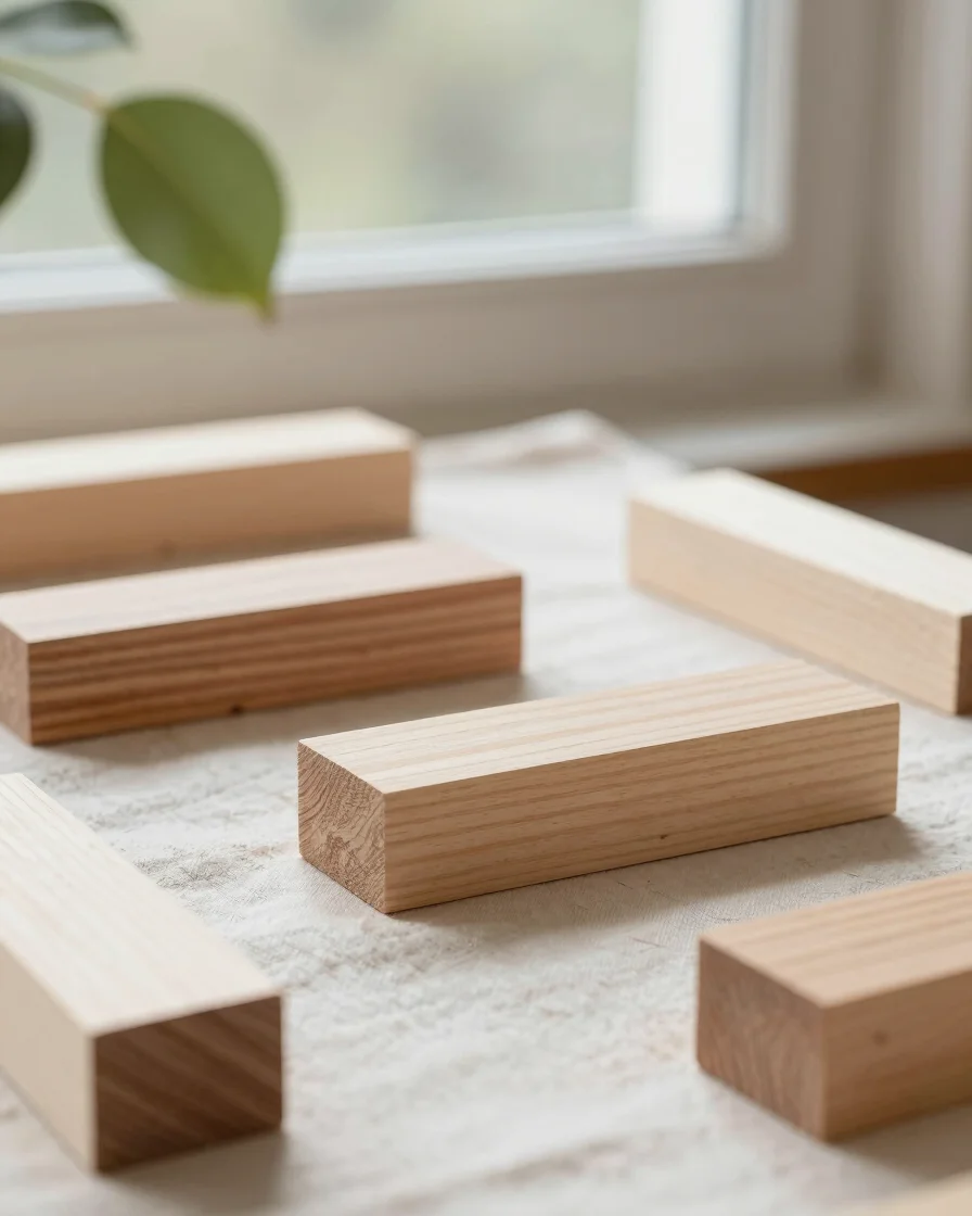 Close editorial photograph of unfinished beech blocks and a small