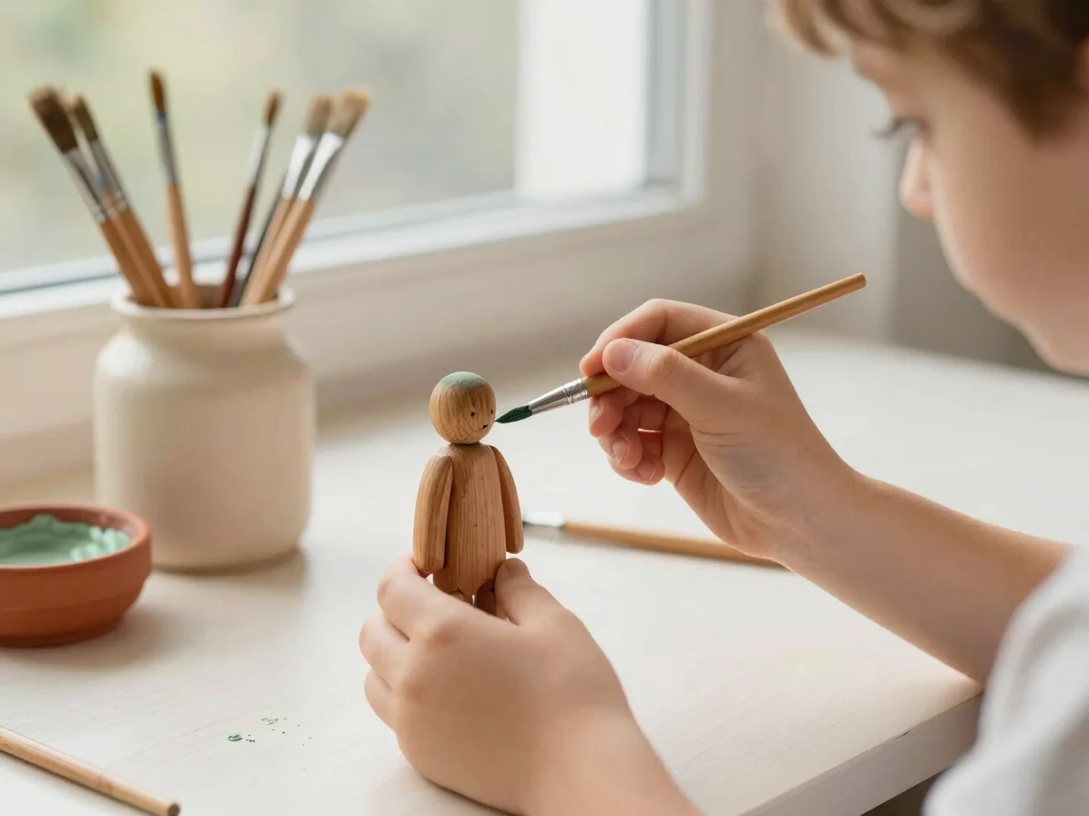Child's hands painting a small wooden figure with natural pigment