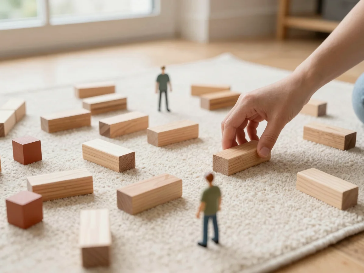 Overhead setup of wooden construction blocks and small figures on