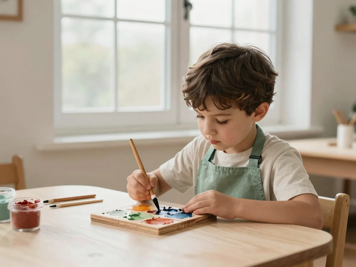 Child painting a wooden tile with natural pigments at a child-hei