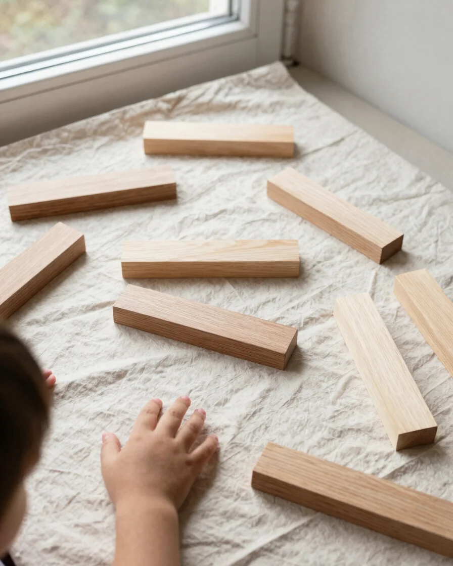 Close overhead view of unfinished beech blocks scattered on a cream linen cloth, soft window daylight, a child's hand re
