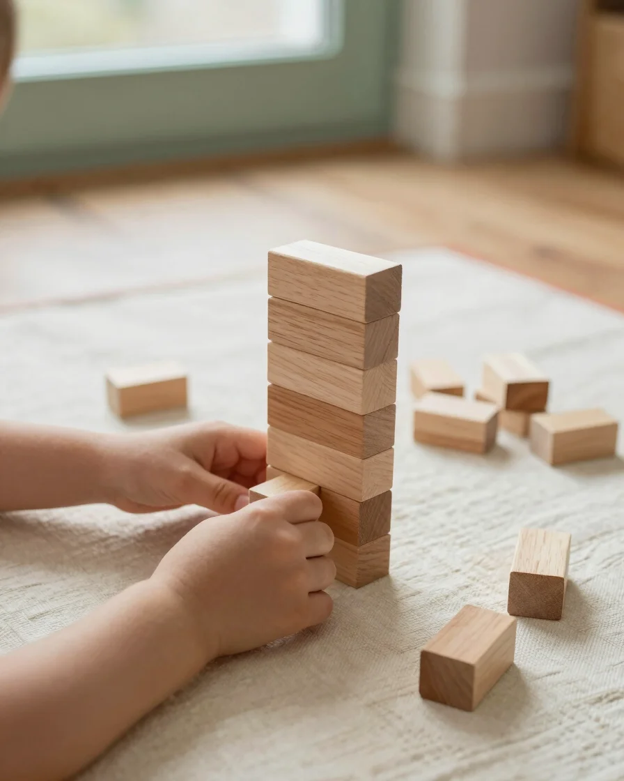 Close overhead view of a child's hands stacking smooth beech blocks on a cream linen mat, soft window daylight, sage gre