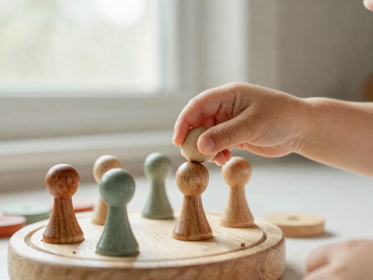 Close detail of a toddler's fingers gripping a rounded wooden peg