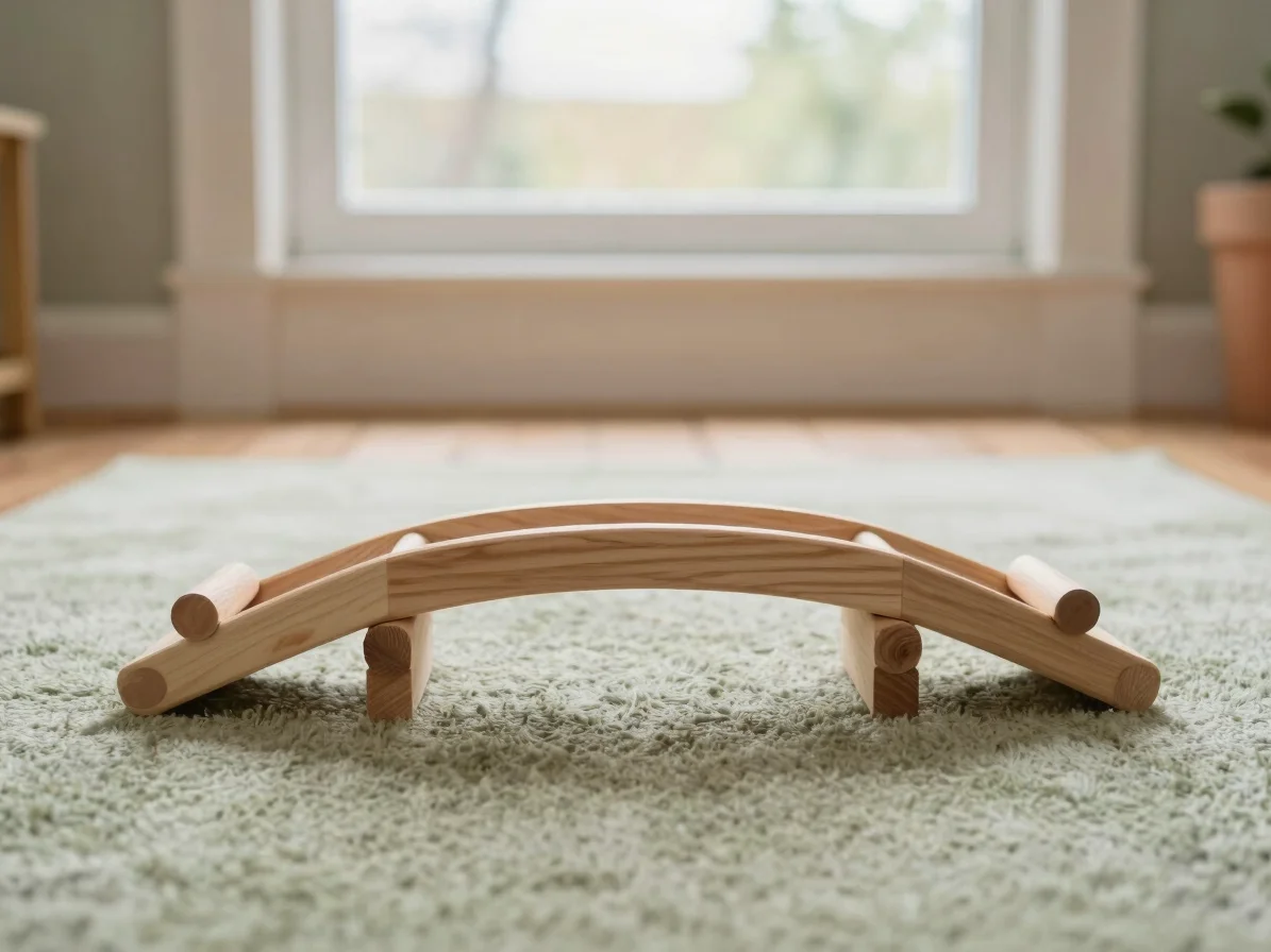 Wide view of a child building a wooden bridge with plain beech bl